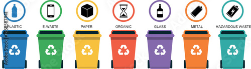 Trash containers vector illustration with sorted garbage for recycling colored bins for plastic, paper, metal, and glass waste separation concept