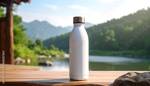 A white insulated bottle rests on wooden planks. Lush green foliage and a serene lake compose the backdrop under sunny skies