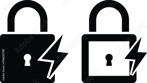 Padlock and Lightning Icon Set. Cybersecurity and fast encryption symbols. Electric lock and rapid access icon. Digital safety and lightning bolt 
