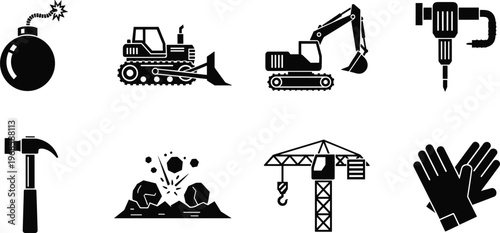 Construction machinery and heavy equipment icon set featuring excavator bulldozer crane jackhammer gloves silhouette collection isolated on white background