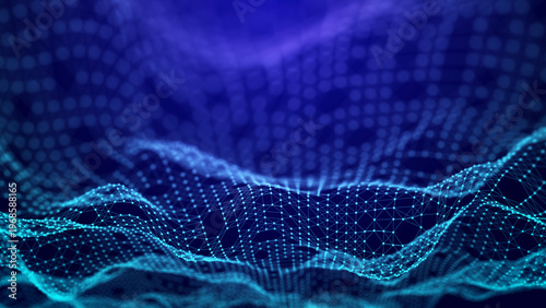 Blue and pink futuristic data wave. Cyber-motion of light particles. 3D rendering.