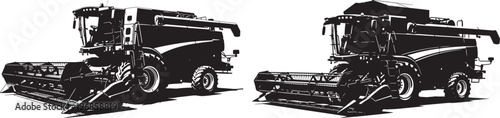 Two black silhouette combine harvesters with combine harvester with farm equipment with food production with tractor trailer with harvest time with grain harvest with farm machine with agricultural