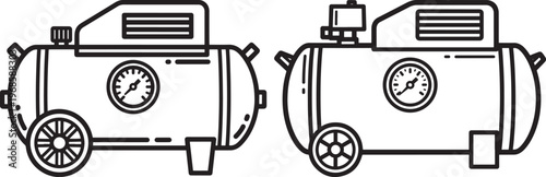 Two portable air compressors with pressure gauges with air compressor with pressure gauge with air tank with power tool with engine component with pressure vessel with heavy equipment with work tool