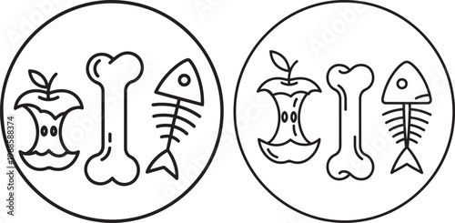 Vector icons of food scraps: apple core, bone, and fish skeleton, organic waste, pet food, food chain, white background, animal remains