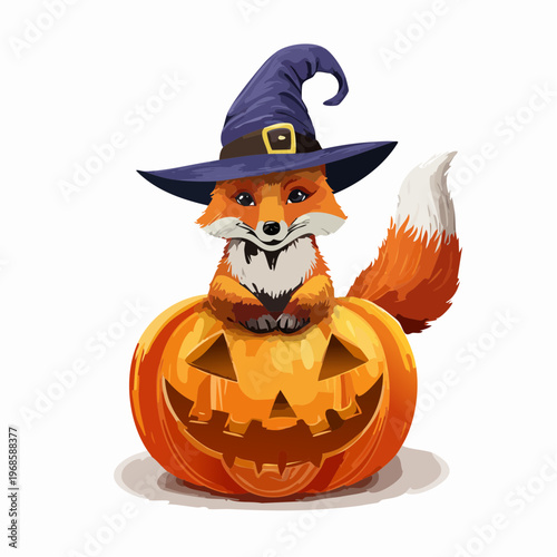 Fuchs mit Hexenhut auf Kürbis – Herbst Vektor
