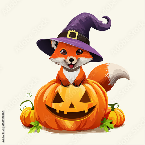 Fuchs mit Hexenhut auf Kürbis – Herbst Vektor