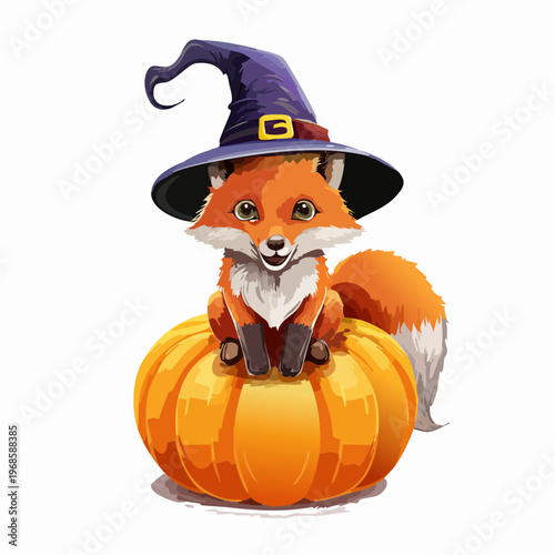 Fuchs mit Hexenhut auf Kürbis – Herbst Vektor