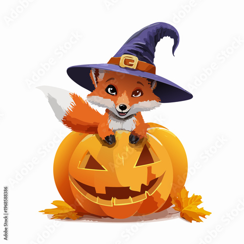 Fuchs mit Hexenhut auf Kürbis – Herbst Vektor