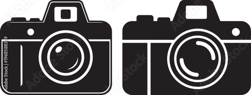 Silhouette icons of two cameras, one outlined and one solid black, camera icon, white background, image making