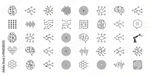 Artificial Intelligence Concepts Line Icon Set. Modern technology, machine learning, neural networks, data processing, and digital innovation symbols