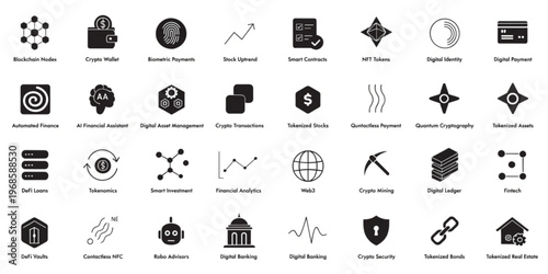 A comprehensive collection of modern vector icons representing blockchain technology, cryptocurrency, digital finance, and secure data concepts, perfect for tech-related projects and interfaces