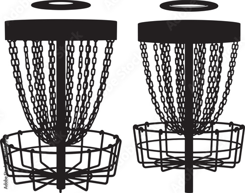 Disc golf baskets with black and white with outdoor sport with athletic activity