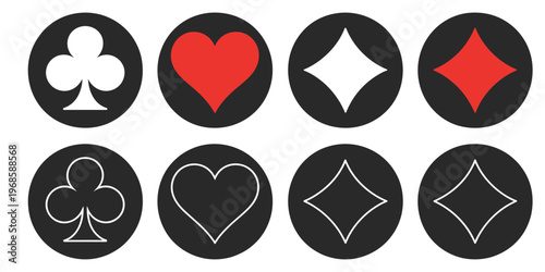 Hearts, diamonds, clubs, spades sign chips, suit deck of playing cards, simple flat shapes, casino gambling game design vector,