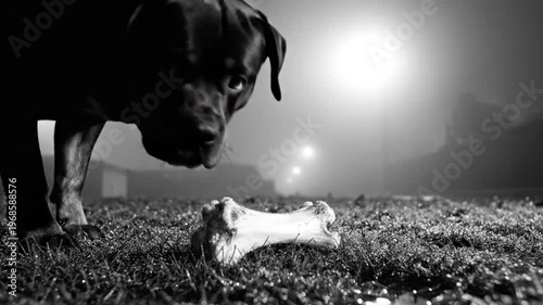 Black and white shot of a dog gnawing on a bone in a foggy field with a bright light in the distance