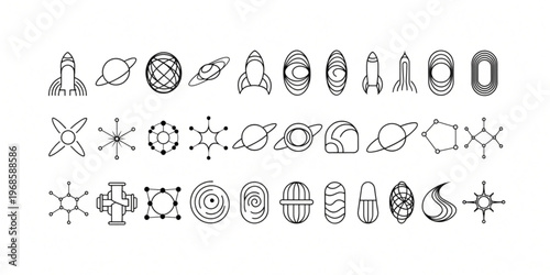 Diverse Cosmic Exploration Vector Icon Set Modern Abstract Geometric and Celestial Symbols for Digital Design Projects