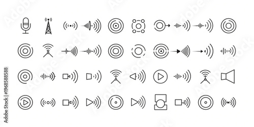Diverse linear icon set illustrating wireless communication, sound waves, audio transmission, and technology concepts, ideal for modern digital design and user interface elements
