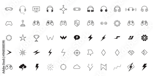 Collection of various simple outline icons representing gaming, technology, and abstract concepts