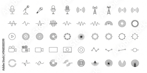Modern minimal linear vector icons representing sound, video recording, wireless transmission, and audio waves for creative digital projects, perfect for UI/UX design