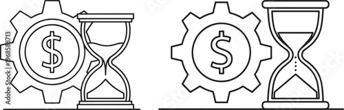 Hourglass and gear with dollar sign representing time and money with sand timer with white background