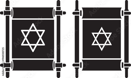 Two torah scrolls with star of david with sacred text with white background