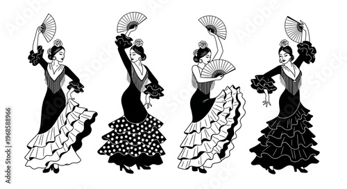 Set of Elegant Flamenco Dancer Silhouettes with Fans in Traditional Spanish Dresses - Black and White Vector Illustrations for Culture and Performance Design