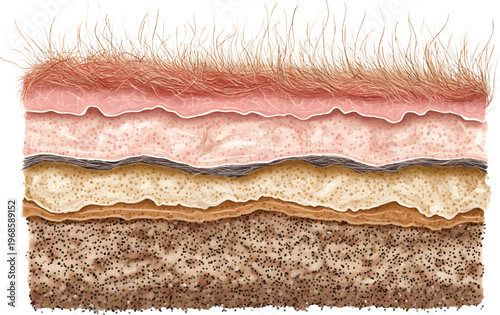 an illustration of skin layers with hairless human hairs inside, on a transparent background.