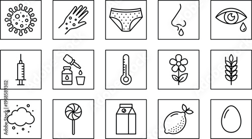 Mental health, business finance, construction machinery, and medical allergy line icons set, cognitive psychology, financial strategy, heavy equipment, and wellness.