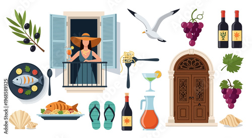 Mediterranean Summer Vacation and Travel Illustration Set with Food, Wine, and Lifestyle Icons