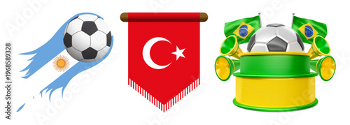 International soccer championship vector set, national football team flags and fan accessories, world tournament sports icons with ball and horns