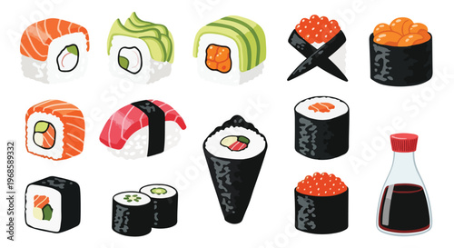 Colorful vector illustration showcasing a diverse collection of Japanese sushi, including maki, nigiri, and gunkan, with a soy sauce bottle.