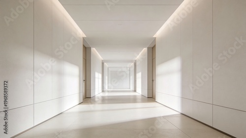 A modern, minimalist hallway with white walls and soft lighting. The space is empty, creating a sense of tranquility and openness.
