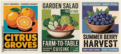 Bright, colorful produce ads with bold text. Vibrant oranges, salad greens, and blueberries stand out. Each poster showcases fresh, natural food with rustic charm. Ideal for farm markets, health blogs