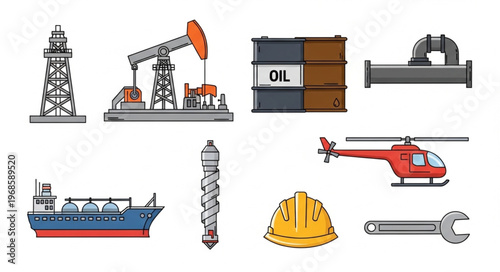 Oil Industry Icons - Rig, Barrel, Pipeline, and Transport.