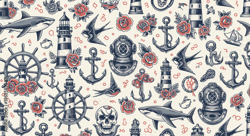 Vintage Nautical Traditional Tattoo Flash Pattern with Sharks, Lighthouses, and Anchors
