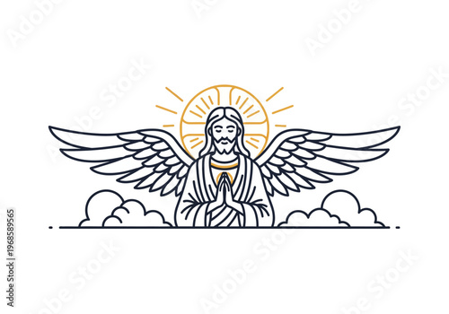 Minimalist Jesus Christ Line Art with Angel Wings and Golden Halo, Praying Figure Illustration on White Background