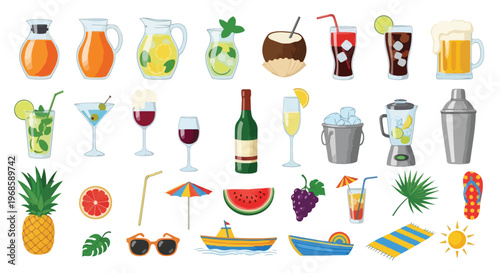 A vibrant collection of refreshing summer beverages, tropical fruits, and essential beach vacation accessories.