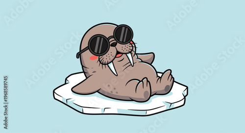 Cute cartoon walrus wearing sunglasses relaxing on ice floe.