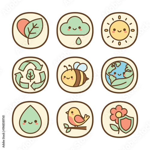 Cute Eco Icons Set for Nature and Environment.