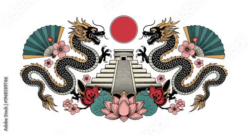 Traditional Asian Dragons and Mayan Pyramid Cultural Fusion Illustration with Red Sun, Lotus, and Cherry Blossoms on White Background