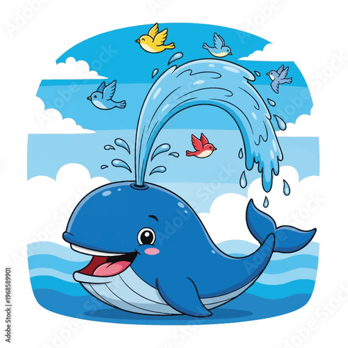 Cute cartoon whale spouting water with birds flying around.