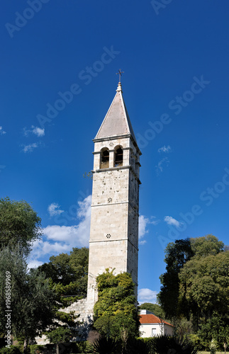 Bell tower and chapel of Saint Arnirius in Split, Dalmatia, in late summer, Croatia
