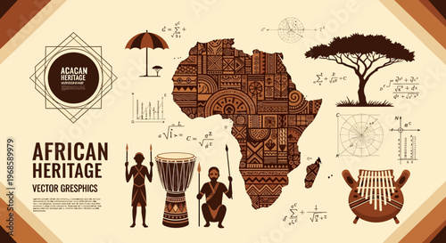 African Heritage Infographic with Traditional Tribal Patterns, Ethnic Map, Cultural Symbols, Instruments, and Mathematical Diagrams in Earthy Vector Style