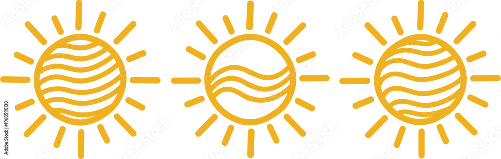 Fototapeta premium Sun Icon Set with Abstract Wave Lines for Summer Design, Weather Symbols, Sunshine Graphics, and Minimal Nature Illustration Collection