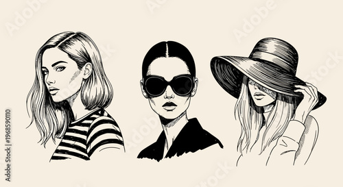 Set of Three Fashion Illustrations of Women, Minimalist Ink Sketch Portraits, Hand-Drawn Line Art with Sunglasses and Wide Brim Hat, Stylish Black and White Graphics