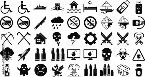 Danger warning hazard icon set featuring weapons weather skull virus disaster symbols silhouette collection isolated on white background