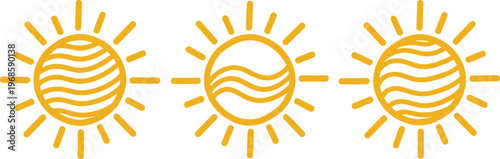 Sun Icon Set with Abstract Wave Lines for Summer Design, Weather Symbols, Sunshine Graphics, and Minimal Nature Illustration Collection
