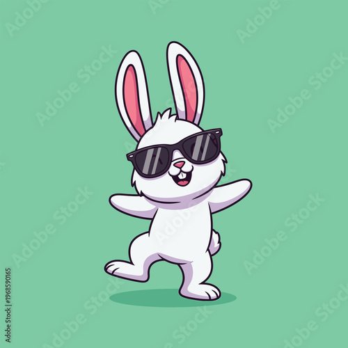 Cute cartoon white bunny wearing sunglasses dancing happily.