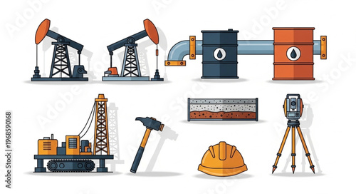 Oil Industry Equipment and Tools - Pumpjacks, Pipelines, Drilling Rig, and Safety Gear.
