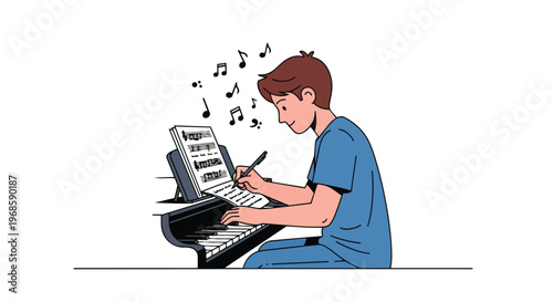 Young Musician Composing Music at Piano
