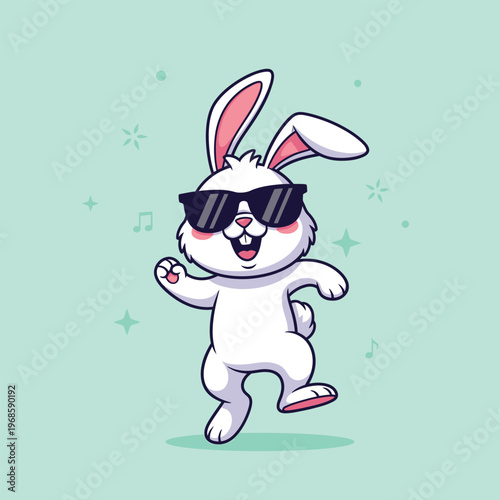 Cute cartoon white bunny wearing sunglasses dancing happily.